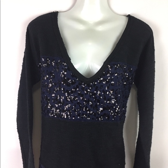 FREE PEOPLE Tunic Top knit sequin black navy Whimsy Goth Grunge Disco Sz Small - Picture 4 of 9